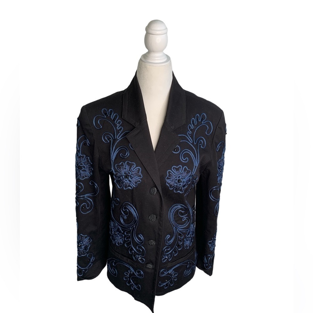 Debra Deroo Embroidered Beaded Cotton Black Blazer Jacket sz PM